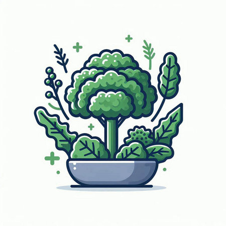 Illustration of a broccoli plant in a pot on a white backgroundのイラスト素材