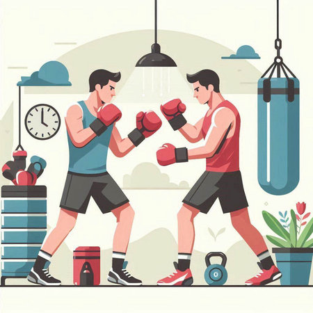 Two men in boxing gloves fight in the gym. Flat style vector illustration.のイラスト素材