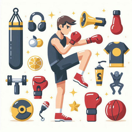 Boxing sport equipment set. Vector illustration in flat cartoon style.のイラスト素材