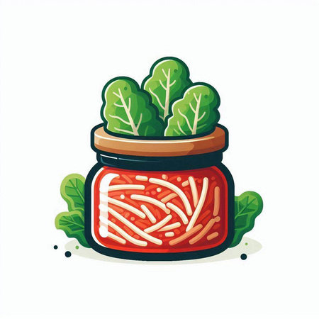 Cherry jam in a jar with green salad leaves. Vector illustration.のイラスト素材