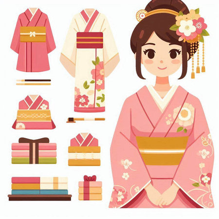 Japanese girl in a kimono. Set of vector illustrations.のイラスト素材