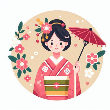 Japanese woman in kimono with umbrella and flowers. Vector illustration.のイラスト素材