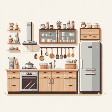 Kitchen interior with furniture and appliances. Vector illustration in retro style.のイラスト素材