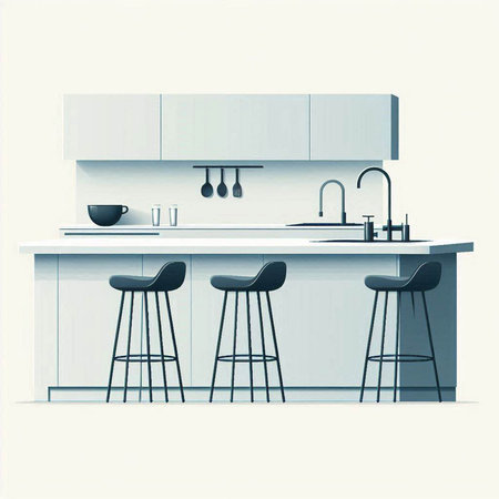 Kitchen interior with table and chairs. 3d render illustration.のイラスト素材