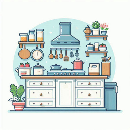 Kitchen interior with furniture. Vector illustration in doodle styleのイラスト素材