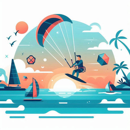 Landscape with a kite surfer on the sea. Vector illustrationのイラスト素材