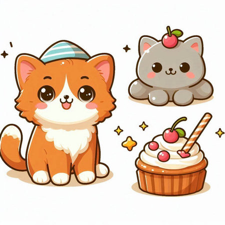 Cute cartoon cat and dog with cupcakes, vector illustration.のイラスト素材