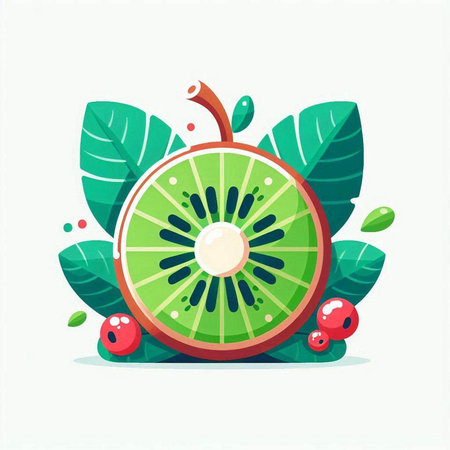 Cute kiwi fruit with leaves and berries. Vector illustration.のイラスト素材