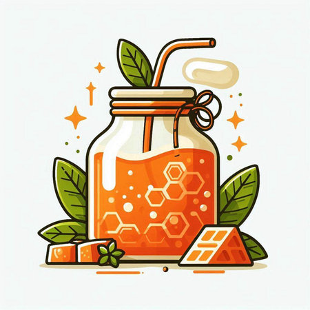 Honey jar with honeycomb. Vector illustration in flat style.のイラスト素材