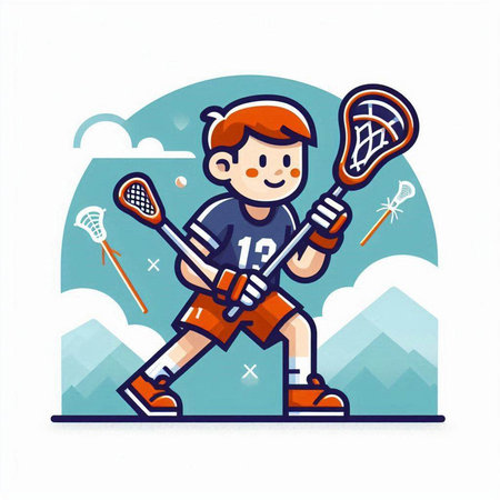 Vector illustration of a young boy playing lacrosse in the mountains.のイラスト素材