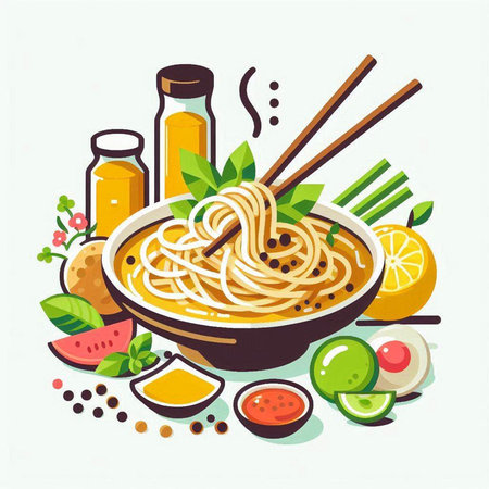 Noodles in a bowl with chopsticks. Vector illustration.のイラスト素材