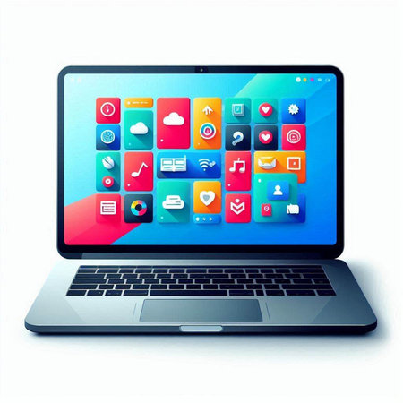 Laptop with application icons on the screen isolated on a white backgroundのイラスト素材