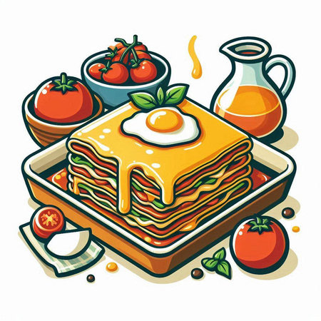 Illustration of lasagna with fried egg, tomato and olive oilのイラスト素材