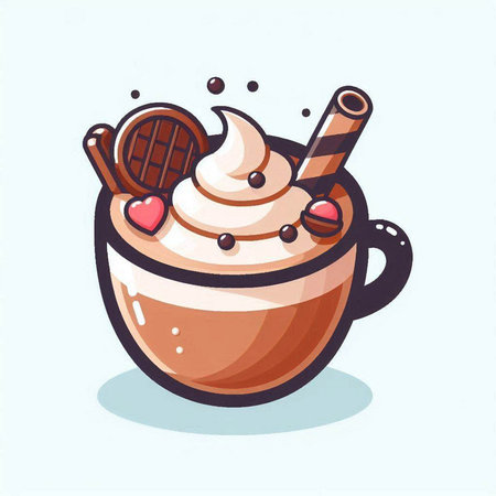 Cup of hot cocoa with whipped cream, chocolate and cinnamon. Vector illustration.のイラスト素材