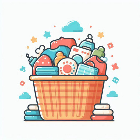 Vector illustration of a basket full of clothes. Colorful doodle icon.のイラスト素材