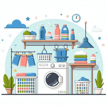 Laundry room with washing machine, washing basket, laundry detergents and other things. Vector illustration.のイラスト素材