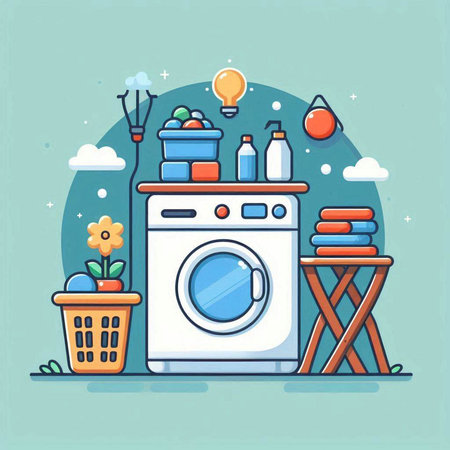 Laundry service flat vector illustration. Washing machine, basket with cleaning products, washing powder, detergent, detergents, dry cleaning products. Cleaning concept.のイラスト素材