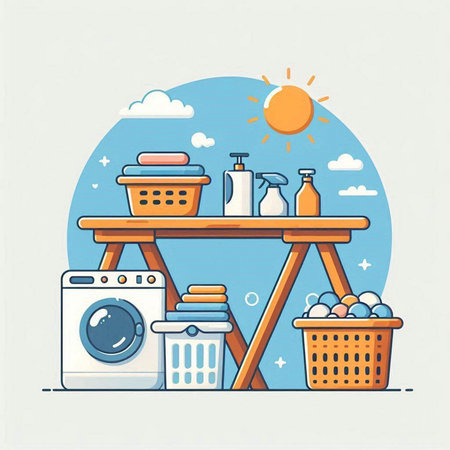 Laundry room with washing machine and basket of cleaning products. Flat vector illustration.のイラスト素材