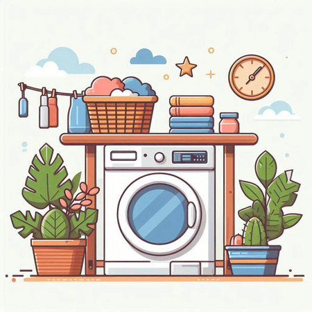 Laundry room. Washing machine, basket with towels and detergents. Vector illustrationのイラスト素材
