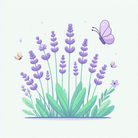 Lavender flowers and butterfly. Hand drawn vector illustration in cartoon style.のイラスト素材