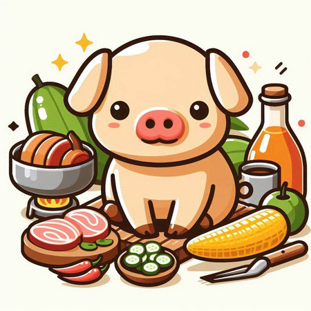 Illustration of a Cute Pig Sitting on a BBQ with Vegetablesのイラスト素材