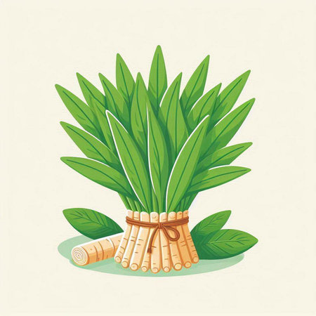 Coconut leaves with a bunch of sugarcane. Vector illustration.のイラスト素材