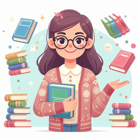 Cute little girl in glasses holds a book in her hands. Vector illustration.のイラスト素材
