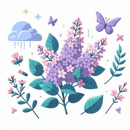 Spring flowers set. Illustration of lilac flowers and leaves.のイラスト素材