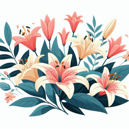 Floral background with lily flowers and leaves. Vector illustration.のイラスト素材