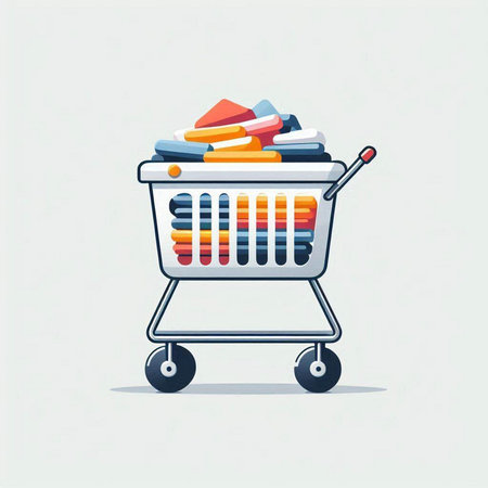 Shopping cart full of clothes. Vector illustration in cartoon style.のイラスト素材