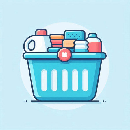 Shopping basket with cleaning products. Vector illustration in trendy flat styleのイラスト素材