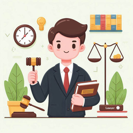 Lawyer with scales, gavel, books and clock. Vector illustrationのイラスト素材