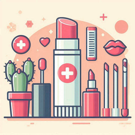 Cosmetics flat vector illustration. Lipstick, lipstick, eyeliner, nail polish, mascara, eyeshadow, lip gloss, pomade. Makeup and cosmetics concept.のイラスト素材