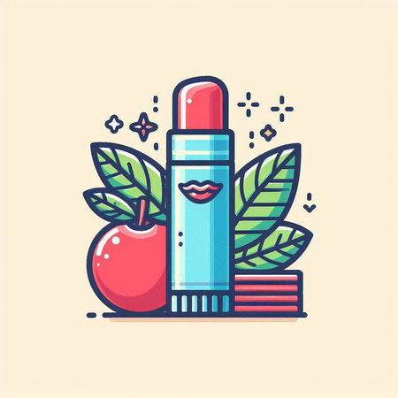 Lipstick with apple and leaves. Vector illustration in flat styleのイラスト素材