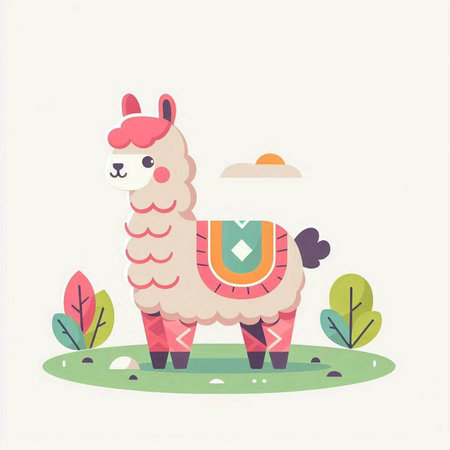 Cute cartoon alpaca. Vector illustration in flat style.のイラスト素材