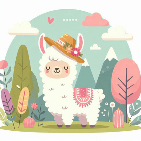 Llama with hat and flowers in the forest. Vector illustrationのイラスト素材