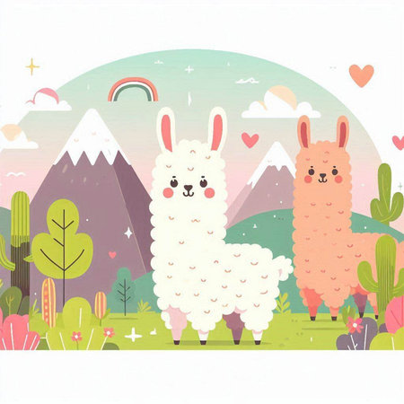 Llama and alpaca in the meadow. Vector illustration.のイラスト素材