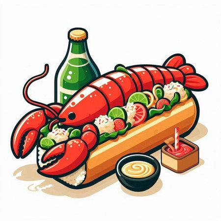 Illustration of lobster sandwich with sauce and beer. Vector illustration.のイラスト素材