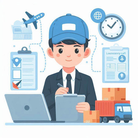 Delivery man in uniform and cap working on laptop with parcels. Vector illustrationのイラスト素材