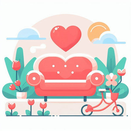 Flat design vector illustration concept of valentine's day love with red sofa.のイラスト素材