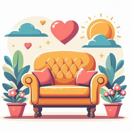 Sofa in the room with flowers and hearts. Vector illustrationのイラスト素材