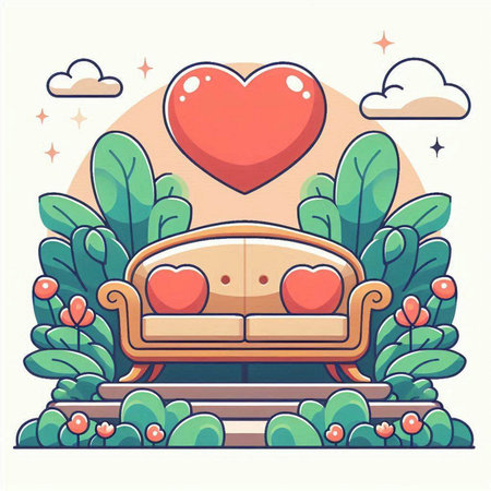 Vector illustration of a cozy sofa in the garden with a heart.のイラスト素材