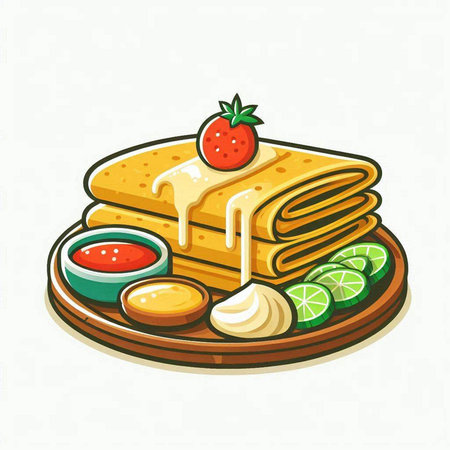Vector illustration of a stack of pancakes with honey, strawberry and limeのイラスト素材