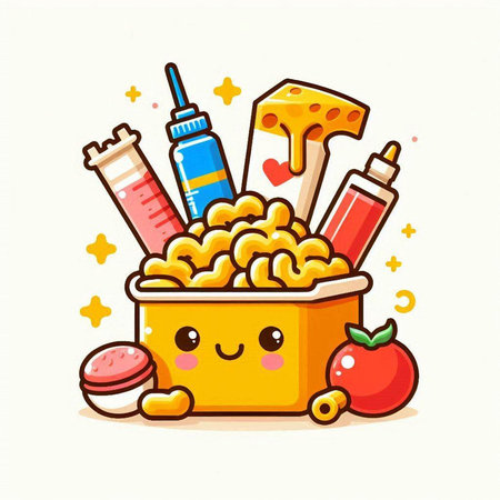 Cute cartoon macaroni with syringe, apple and pills. Vector illustration.のイラスト素材