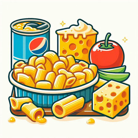 Illustration of different types of pasta and canned food. Vector illustration.のイラスト素材