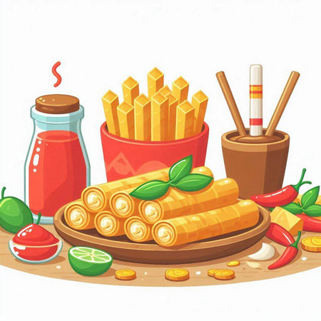 Illustration of a plate with french fries, chilli pepper and tomato sauceのイラスト素材