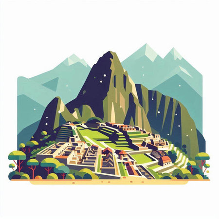 Mountain landscape with houses. Vector illustration in a flat style.のイラスト素材