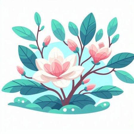 Magnolia flowers with leaves. Vector illustration in a flat style.のイラスト素材
