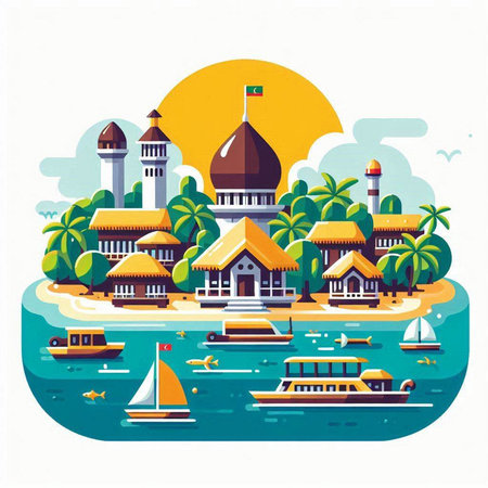 Tropical island with traditional buildings and boats. Vector illustration.のイラスト素材