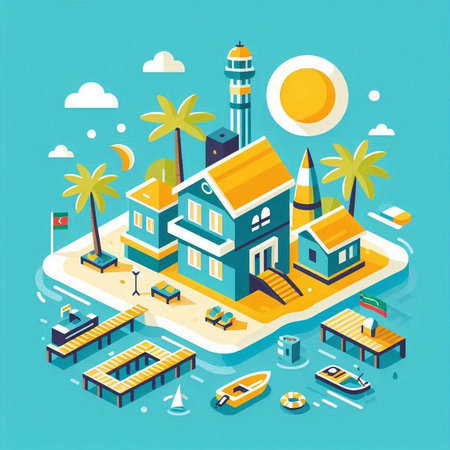 Vector isometric illustration on the theme of travel and vacation in the tropics.のイラスト素材